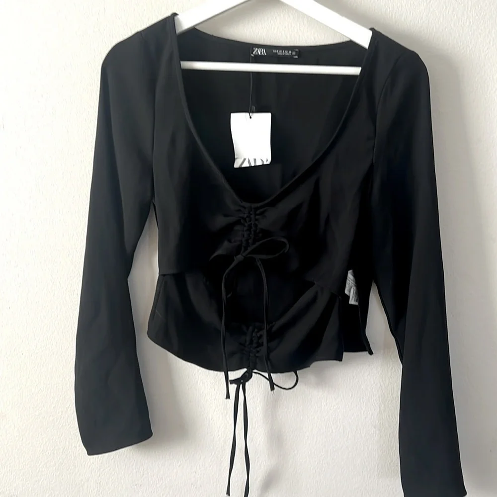 Zara black top long sleeve front open double lace left zipper up grunge Y2K